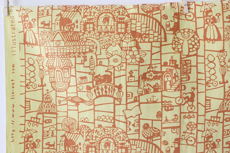 LINNETリネンプリント あみだくじ きはだ色×朱赤